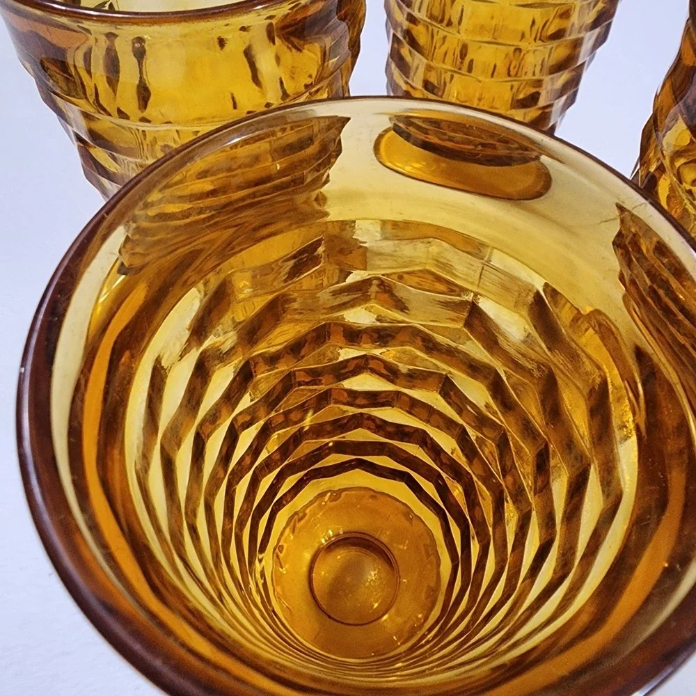Vintage Whitehall Colony Cubist Indiana Glass Amber Footed Tumbler 6